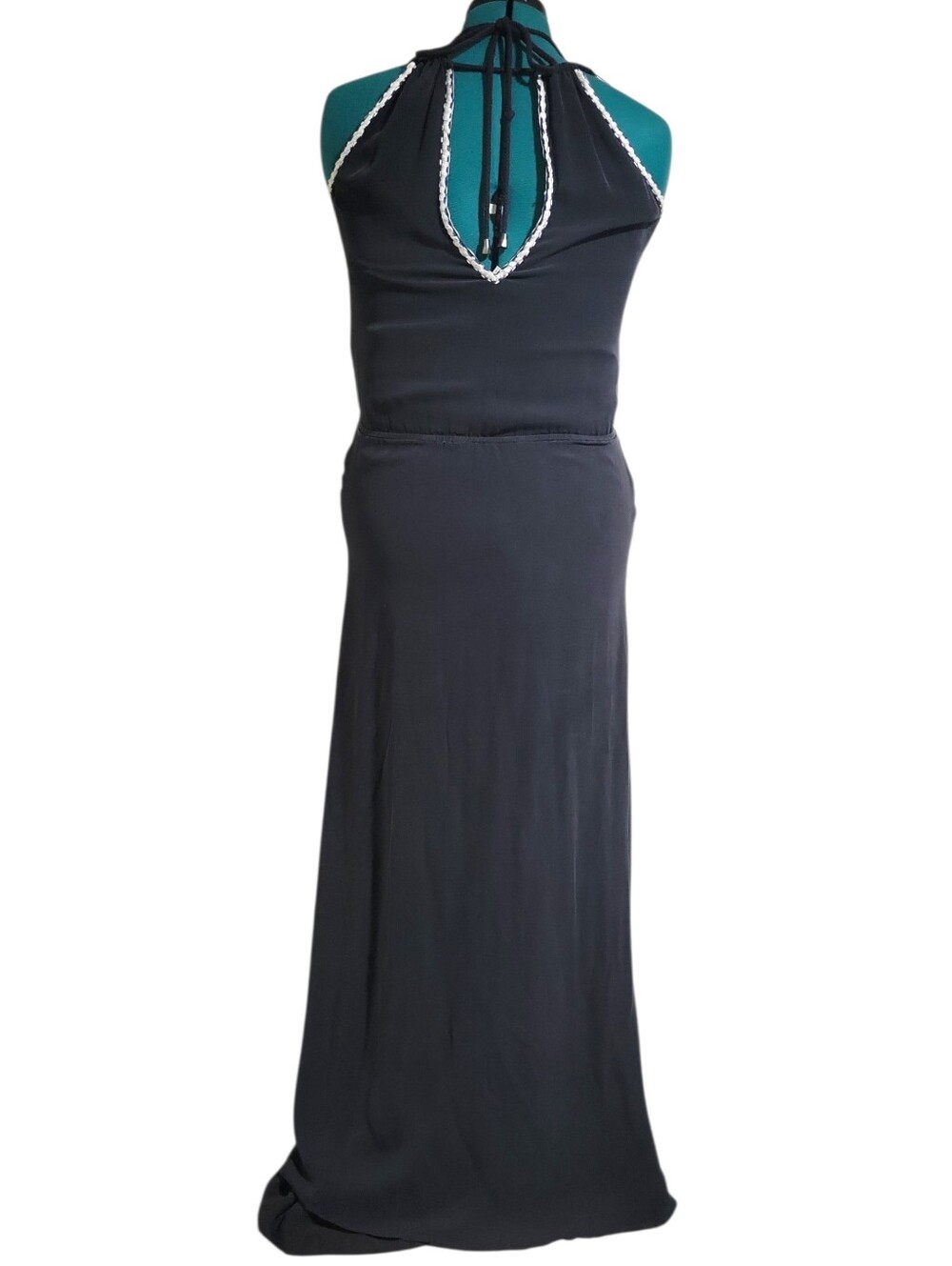 Parker Vintage Silk Black Braided Trim Maxi Dress Size M V-Neck  Halter Tie Neck - Picture 3 of 15